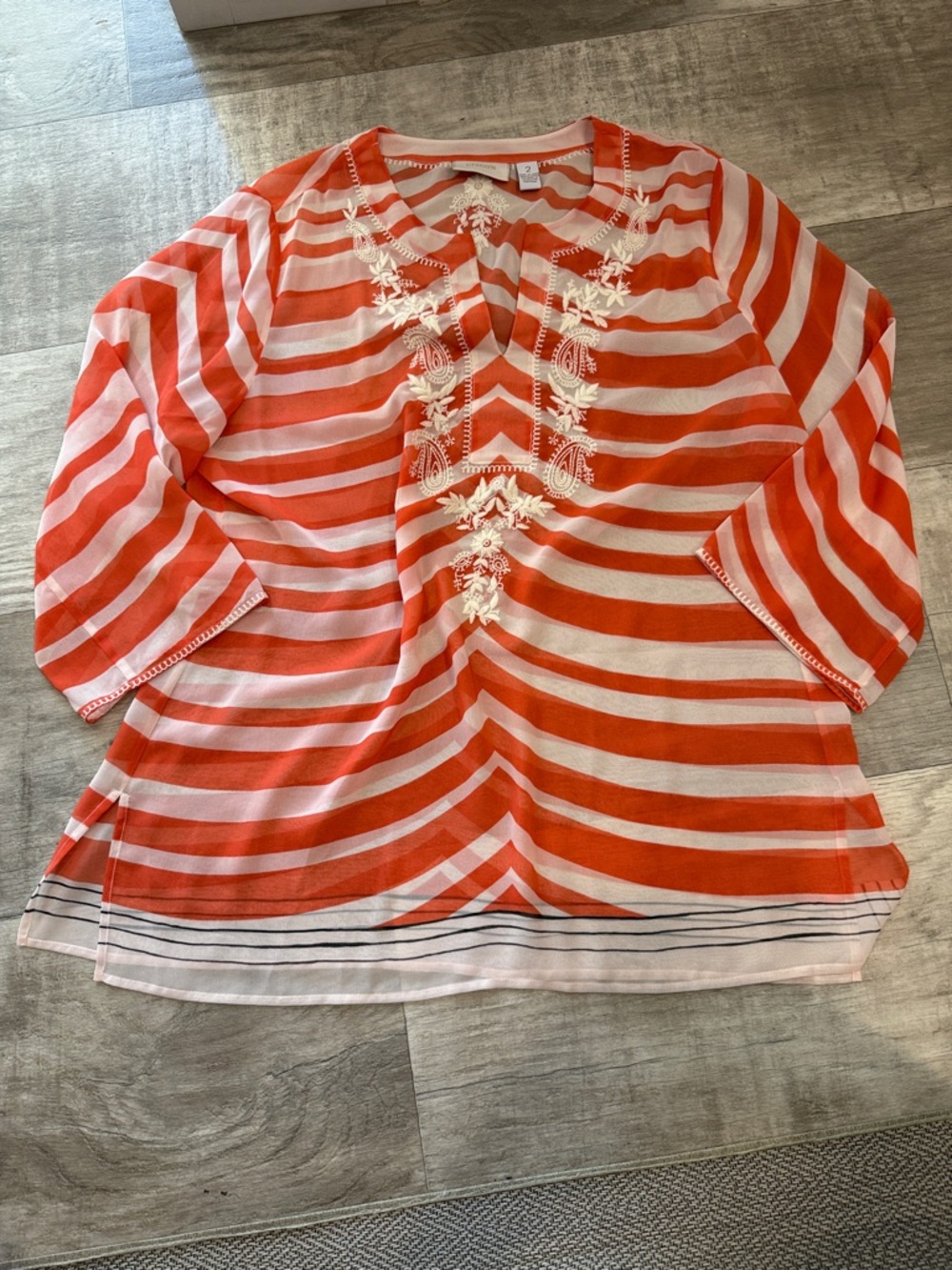 Chico's Orange and White Striped Embroidered V-Neck Tunic